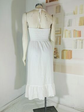 White Strapless Midi Dress with Smocked Bodice